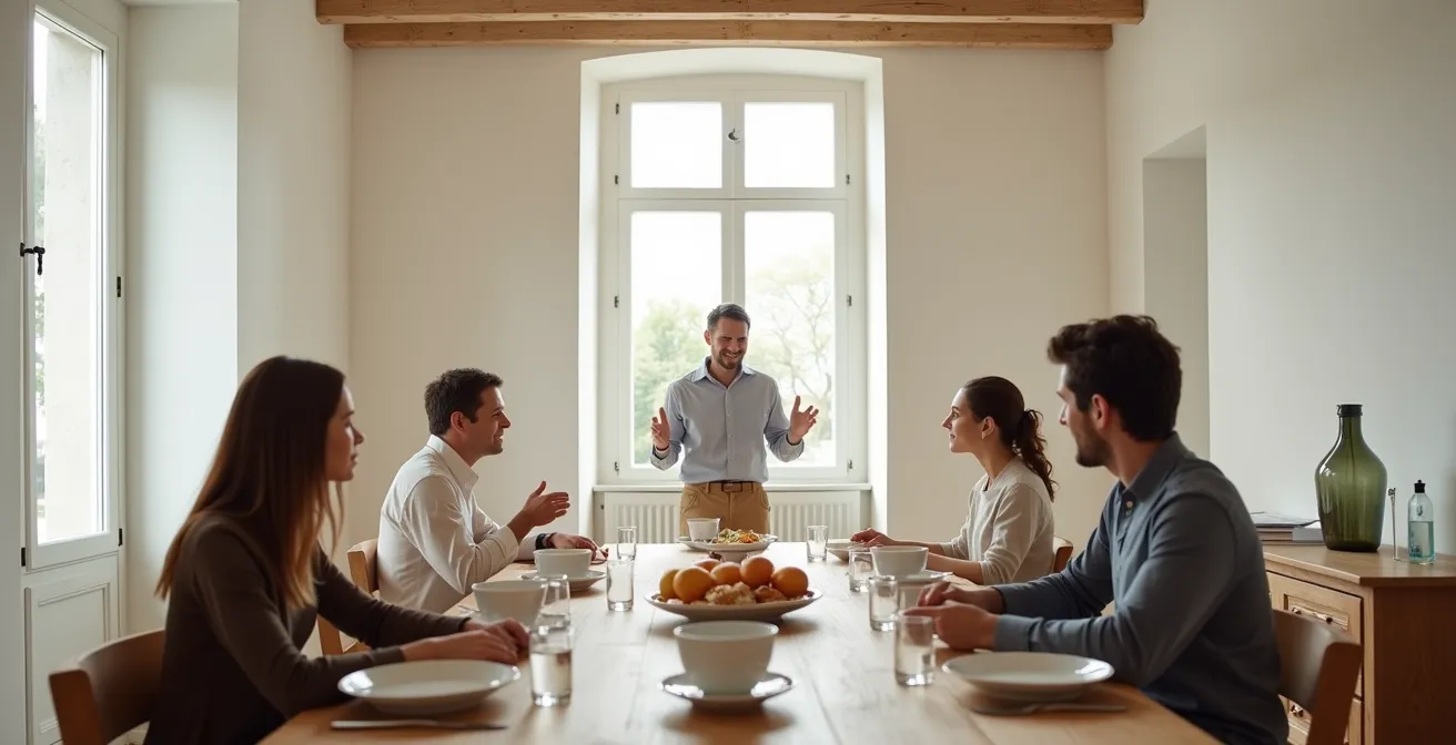 Propriétaire de chambre d'hôtes facilitant les échanges entre convives au petit-déjeuner