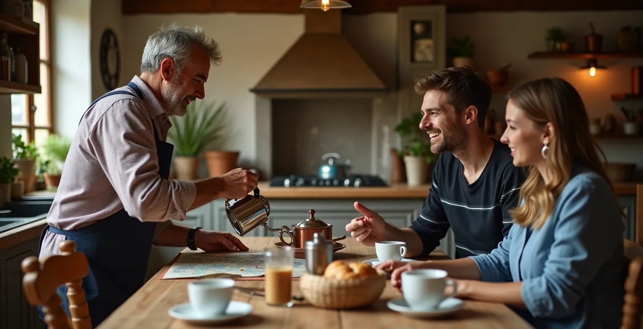 Échange convivial entre propriétaire et voyageurs autour d'un petit déjeuner dans une maison d'hôtes