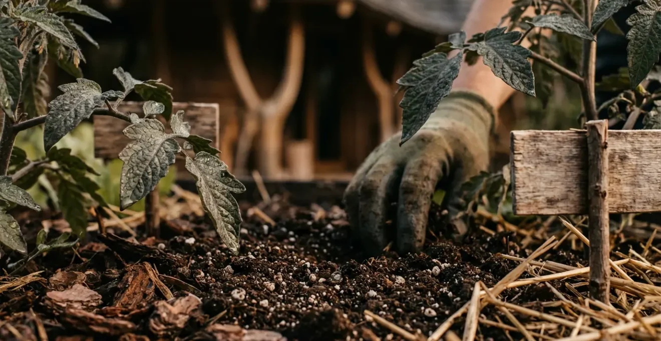 Vue aérienne d'un hôtel avec toiture végétalisée et potager biologique en permaculture