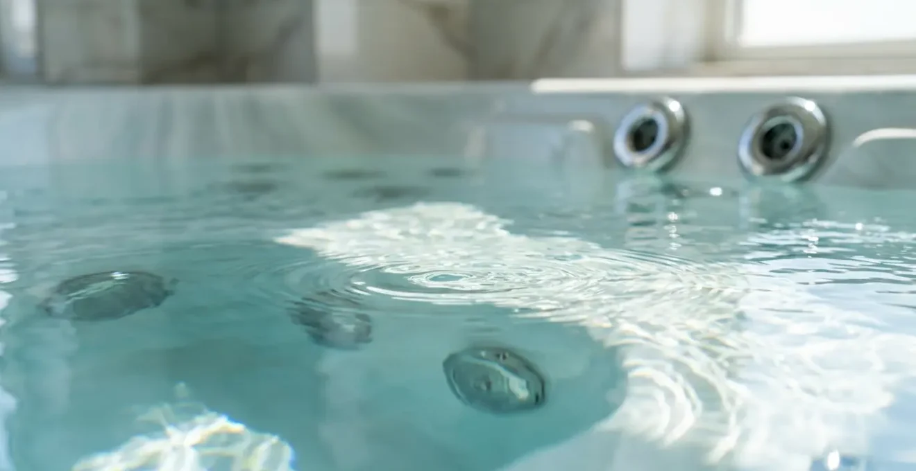 Gros plan sur l'eau cristalline d'un spa avec détails de propreté visibles