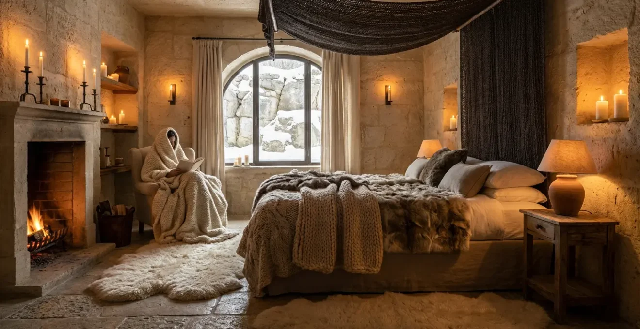 Intérieur douillet d'une chambre troglodytique avec poêle à bois et textiles chaleureux