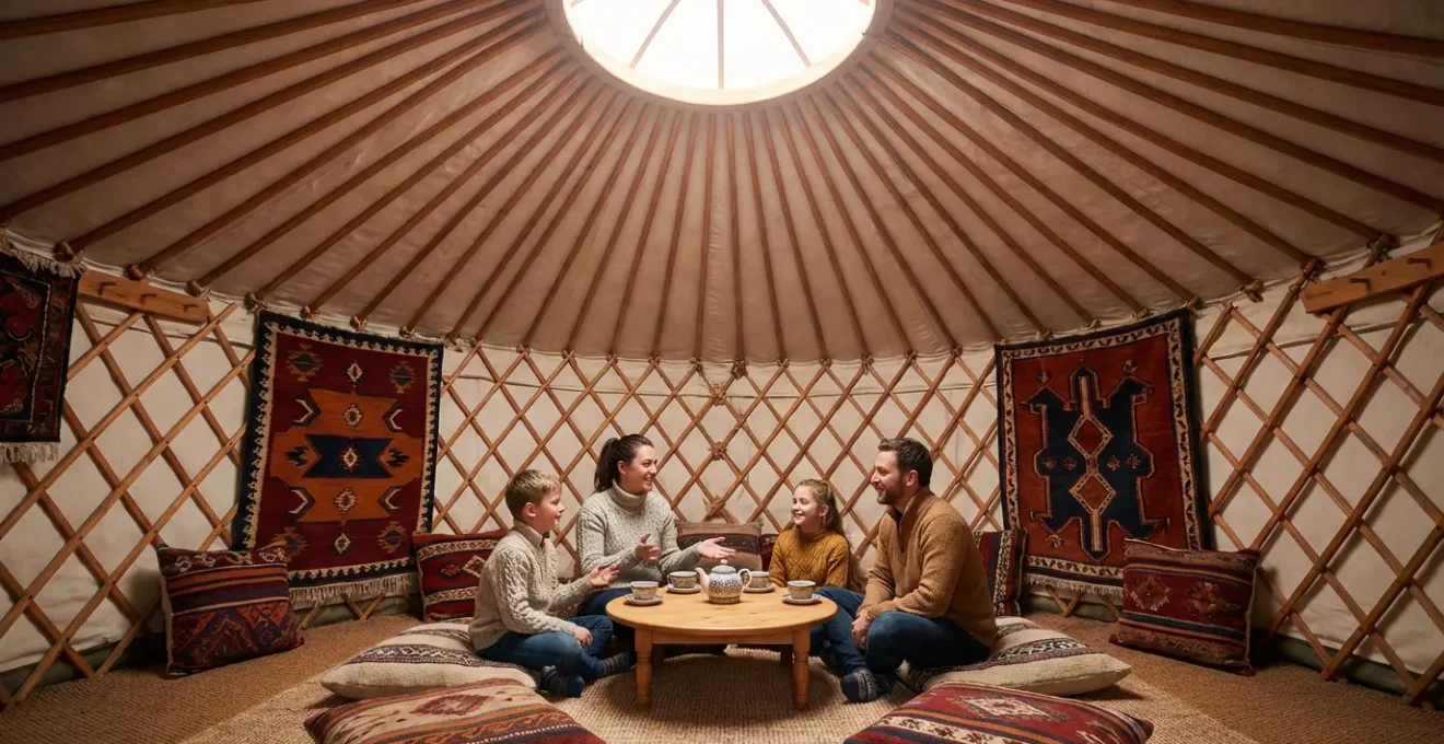 Intérieur d'une yourte avec une famille assise en cercle sur des coussins, vue de haut