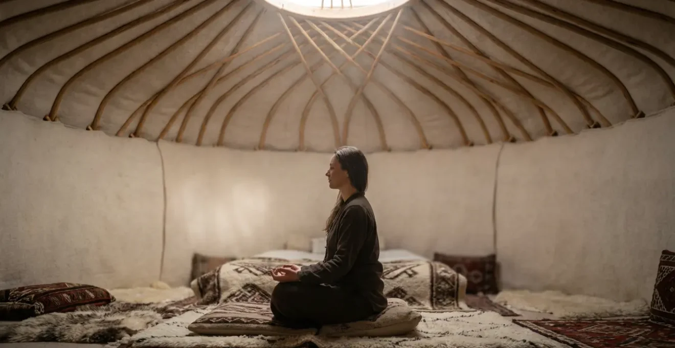 Intérieur circulaire d'une yourte avec lumière zénithale créant une ambiance apaisante