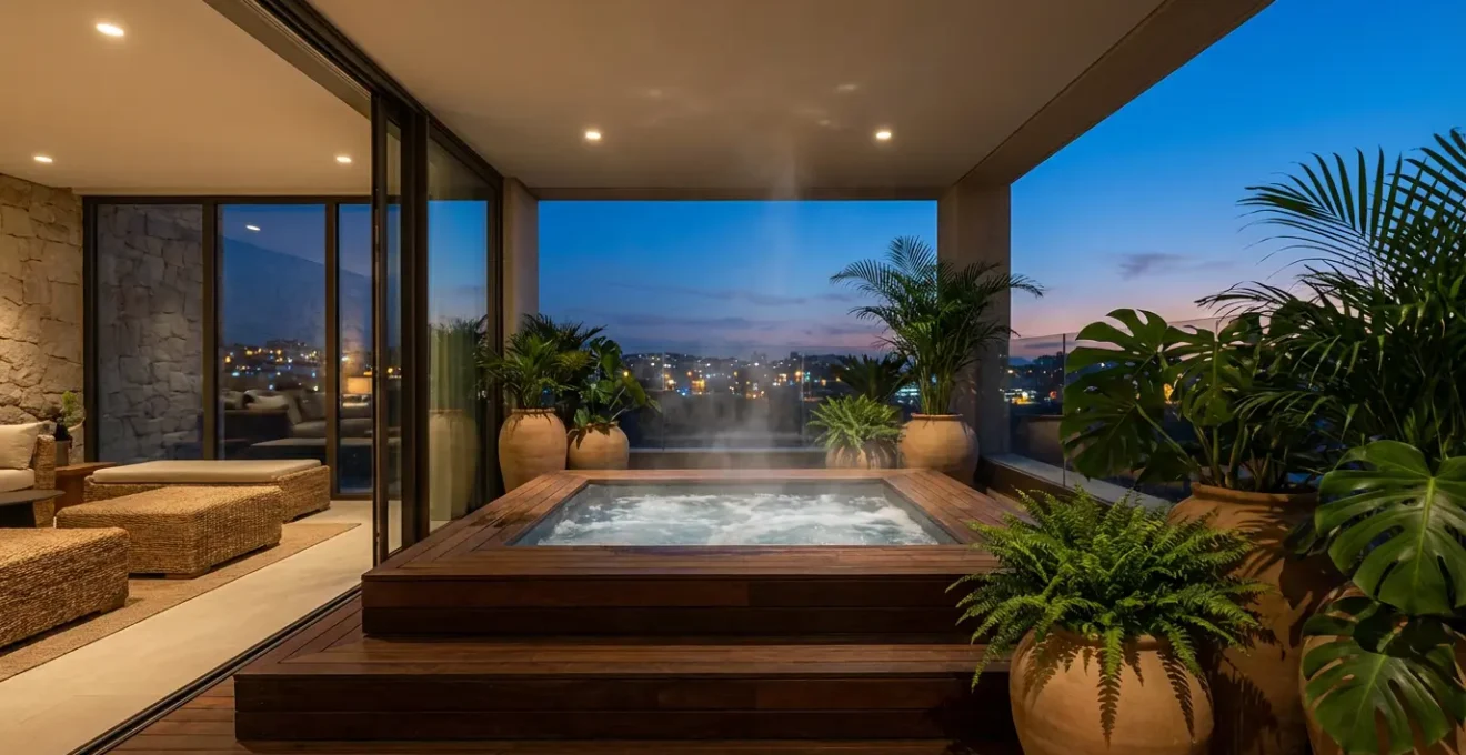 Jacuzzi privatif éclairé aux chandelles dans une suite d'hôtel avec vue panoramique