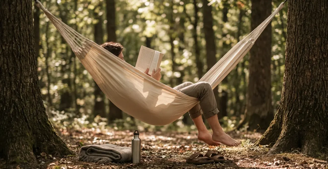 Personne lisant paisiblement dans un hamac suspendu entre deux arbres en forêt