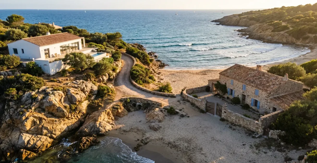 Vue aérienne d'une côte française montrant deux types de logements : villa avec vue mer et maison avec accès direct plage