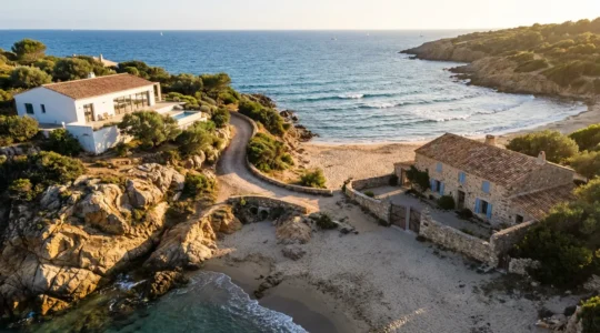 Vue aérienne d'une côte française montrant deux types de logements : villa avec vue mer et maison avec accès direct plage