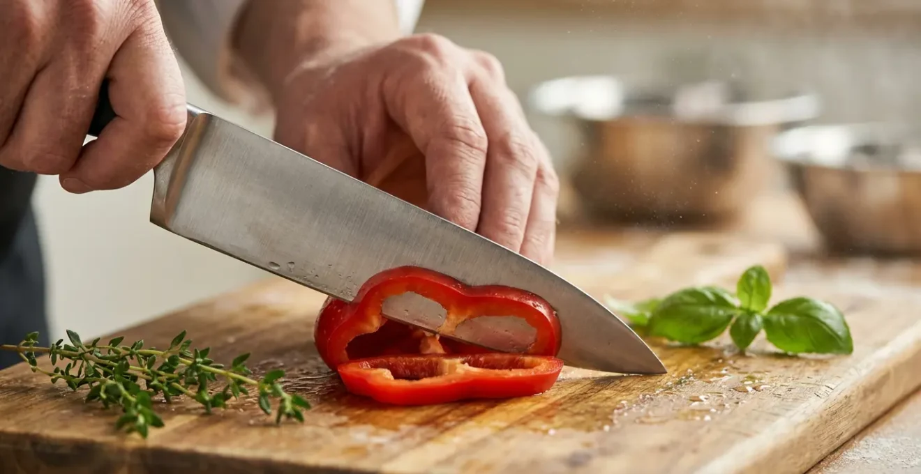 Main de chef tenant une planche à découper avec légumes frais découpés