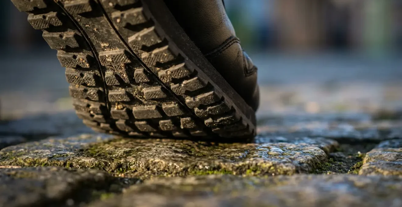 Gros plan macro sur une semelle de chaussure en cuir touchant des pavés urbains anciens et humides.