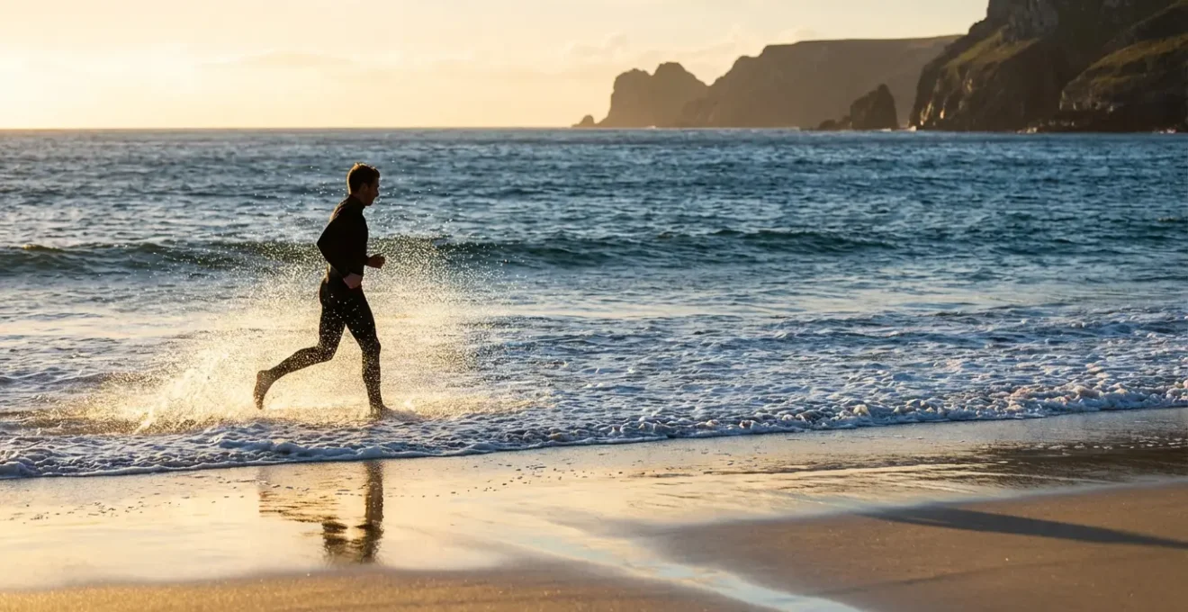 Marcheur solitaire sur une plage sauvage au lever du soleil avec les vagues et les embruns marins