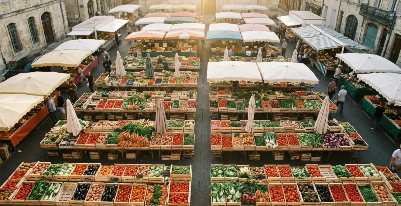 Vue aérienne d'un marché français animé avec des étals de légumes frais et colorés, des vendeurs et des clients
