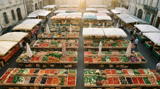 Vue aérienne d'un marché français animé avec des étals de légumes frais et colorés, des vendeurs et des clients