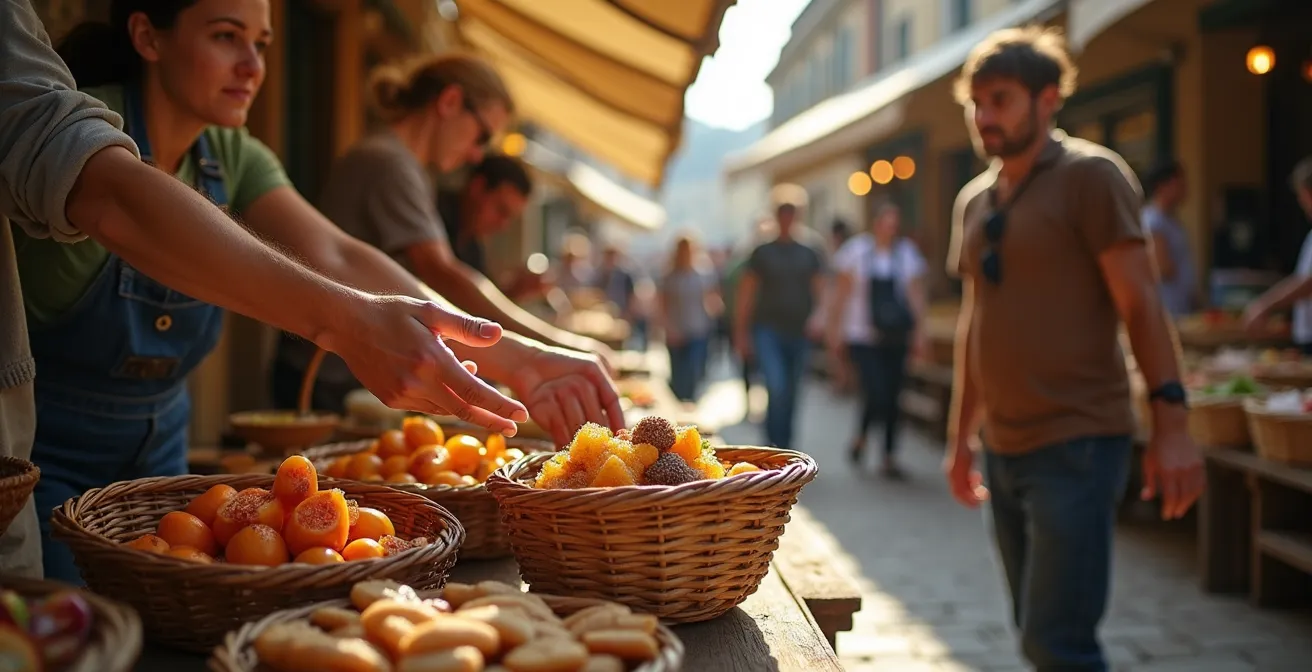 Marché traditionnel français avec producteurs locaux vendant leurs produits artisanaux