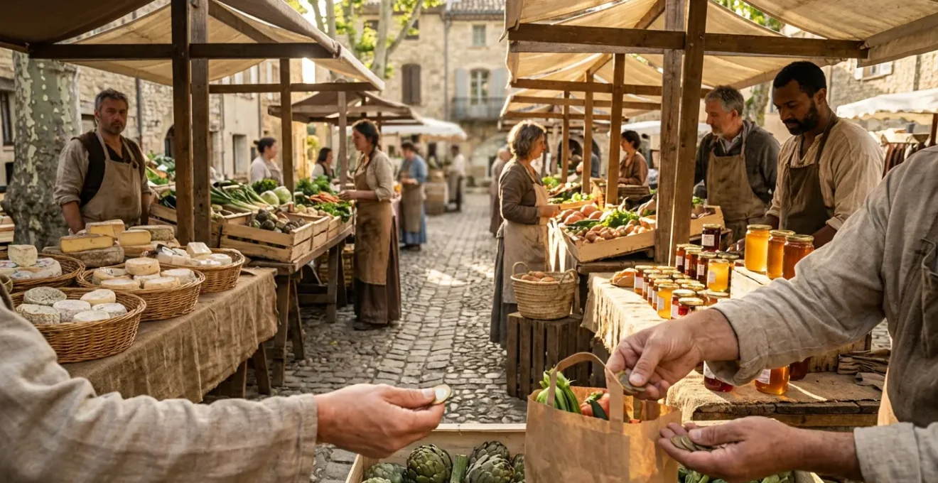 Marché de producteurs locaux avec des étals de produits du terroir français dans une ambiance authentique