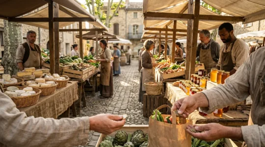 Marché de producteurs locaux avec des étals de produits du terroir français dans une ambiance authentique