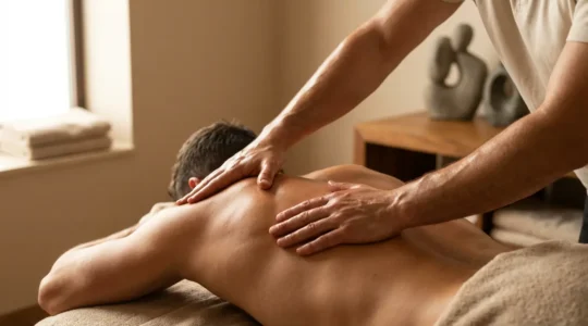 Masseur professionnel appliquant une technique de massage profond sur le dos d'un sportif en récupération