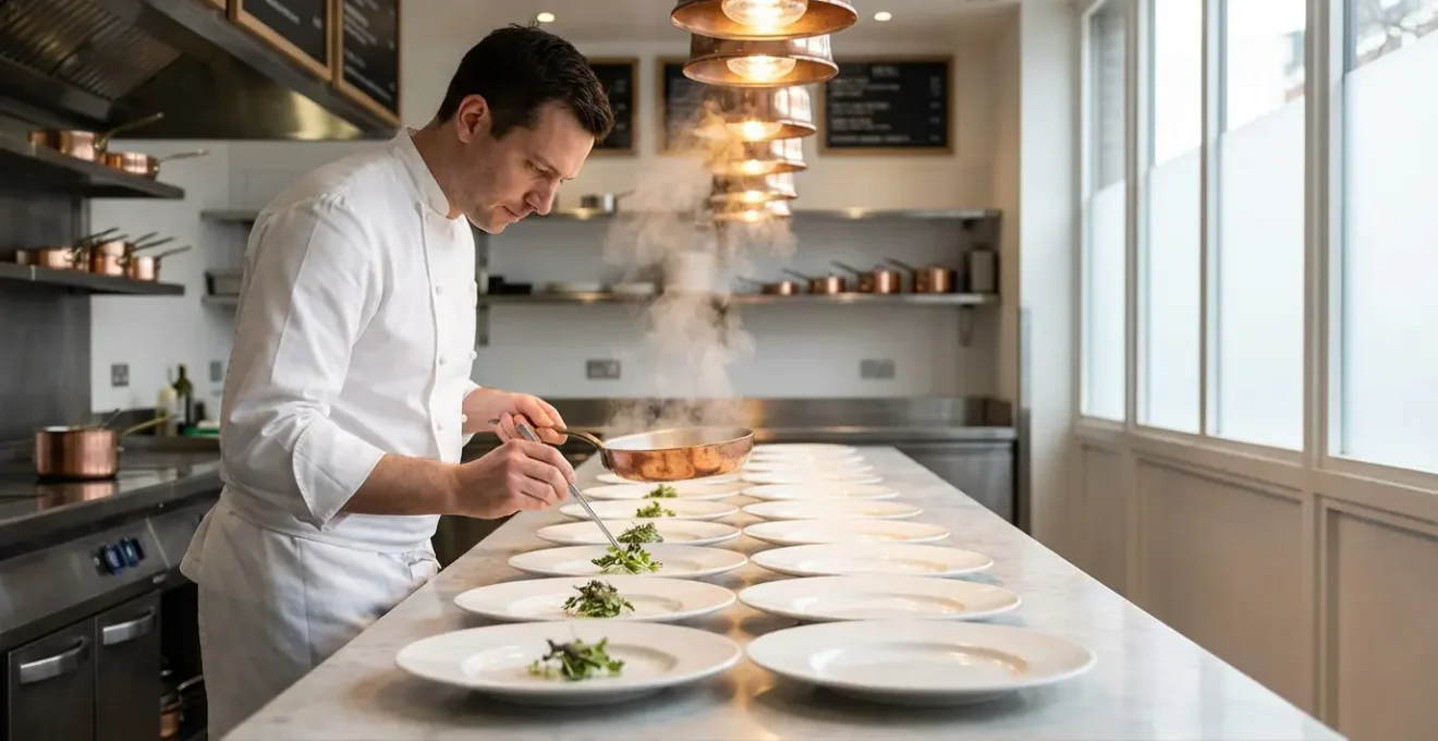 Vue immersive d'une cuisine ouverte où un chef compose avec précision un plat de menu dégustation