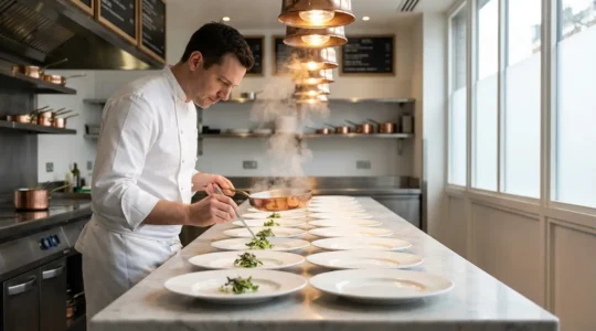 Vue immersive d'une cuisine ouverte où un chef compose avec précision un plat de menu dégustation