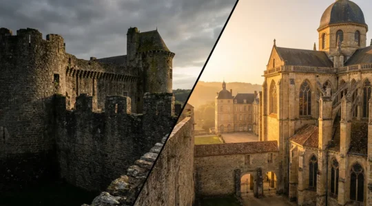 Juxtaposition architecturale d'un château français avec le logo UNESCO