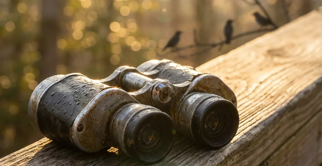Jumelles posées sur balustrade de cabane avec oiseaux en arrière-plan flou