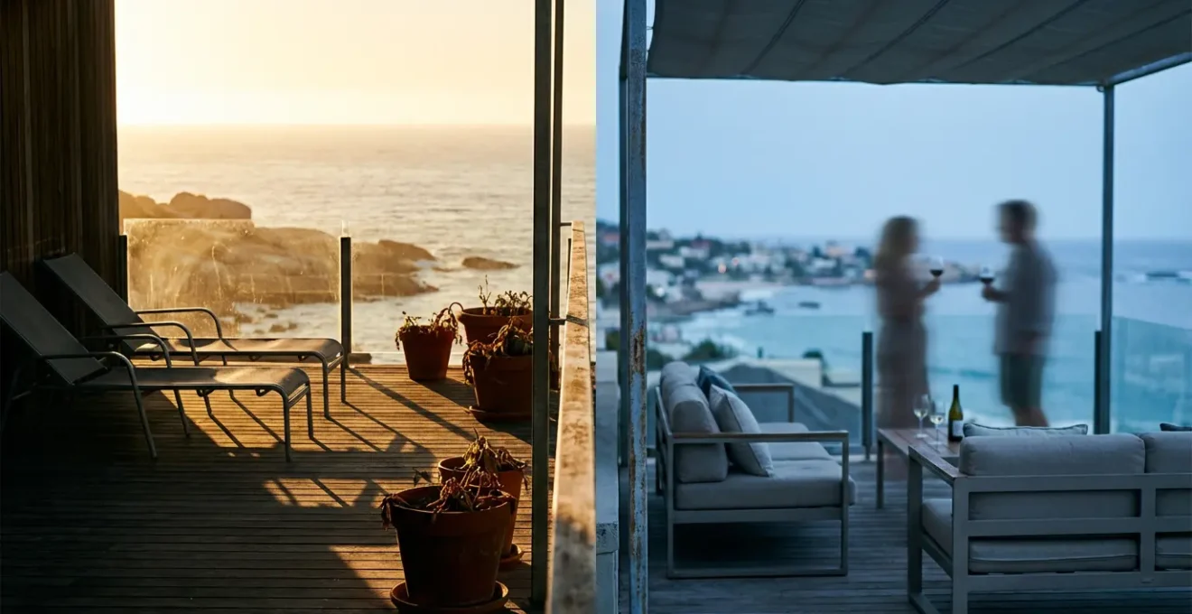 Comparaison d'un balcon orienté ouest en plein soleil et d'un balcon orienté est à l'ombre en fin de journée
