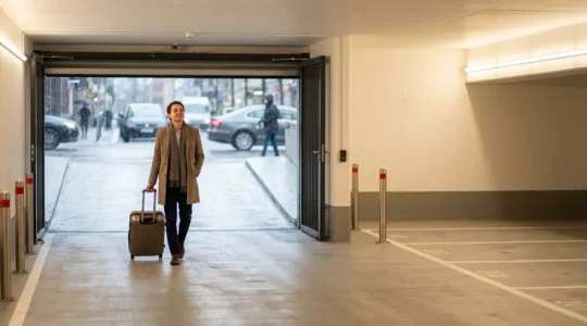 Voyageur arrivant dans un parking privé d'hôtel avec sa valise