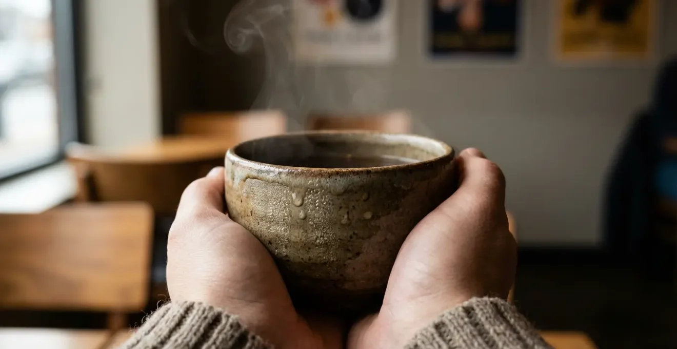 Vue macro détaillée d'une main tenant délicatement une tasse de thé dans un café paisible, avec en arrière-plan flou des affiches de théâtre