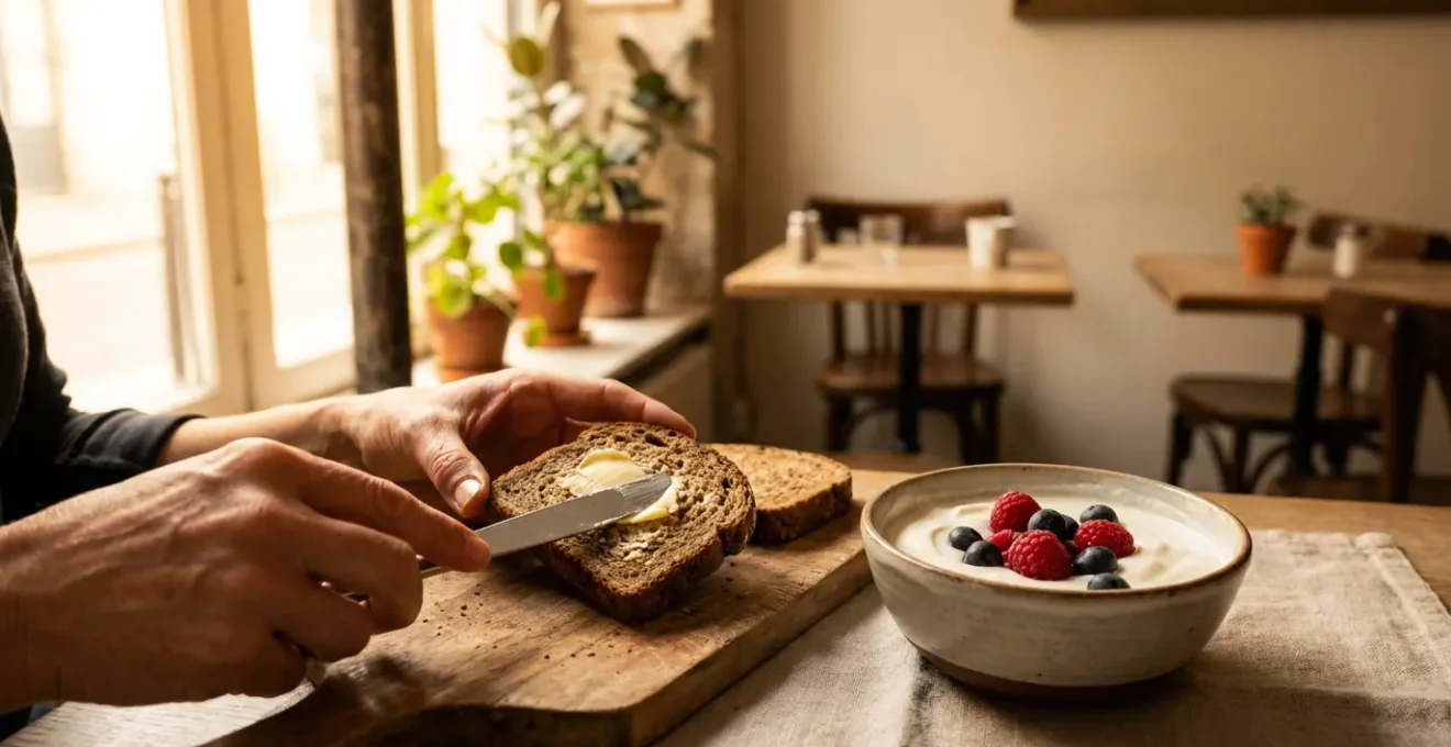 Table de petit-déjeuner français avec yaourt grec, fruits frais et pain complet