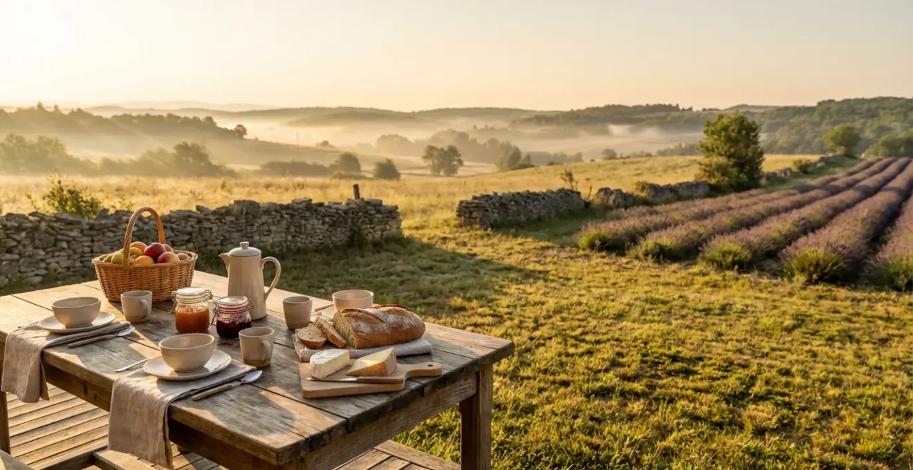 Table de petit-déjeuner en terrasse de maison d'hôtes avec produits locaux et vue sur la campagne française