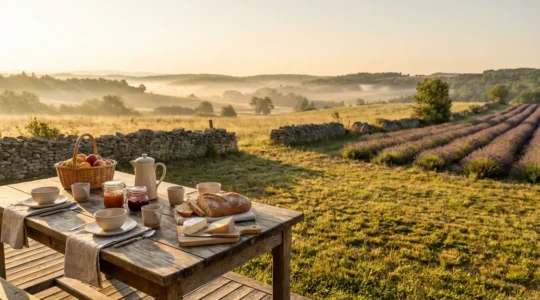 Table de petit-déjeuner en terrasse de maison d'hôtes avec produits locaux et vue sur la campagne française