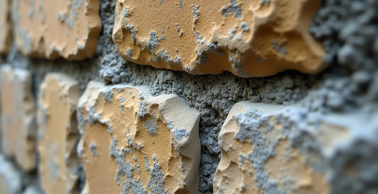 Gros plan macro sur une pierre ancienne de rempart intégrée dans un mur moderne, montrant les textures et l'usure du temps