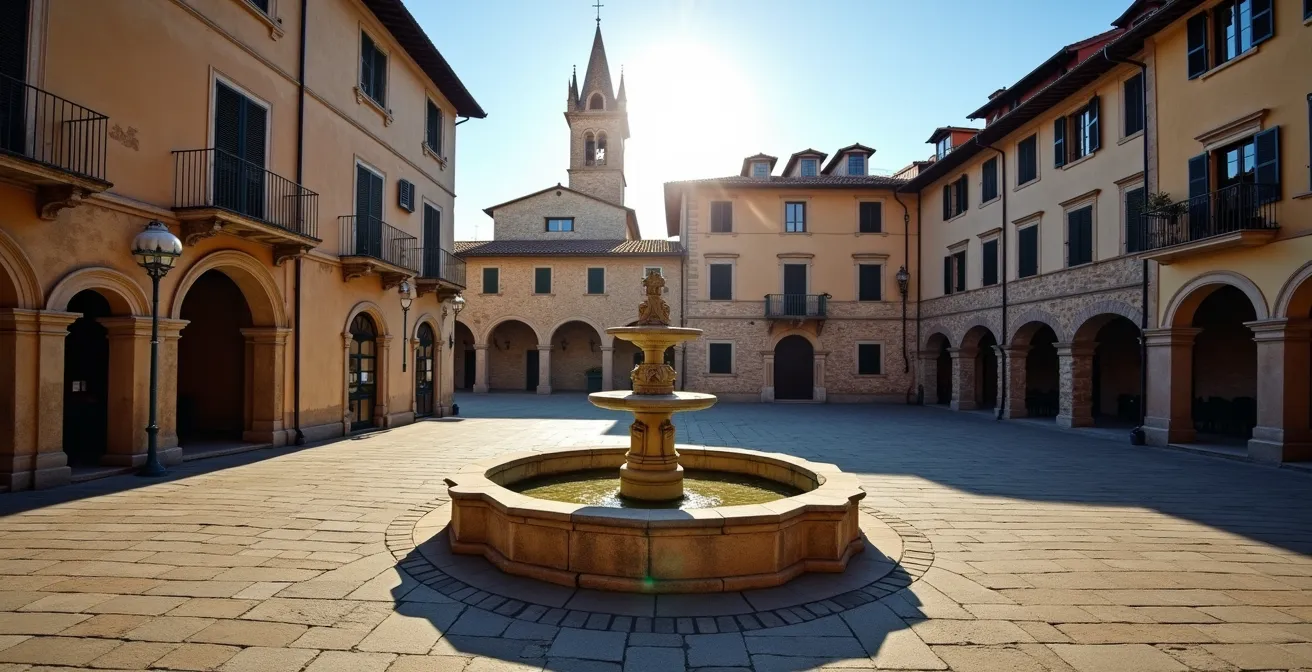Place médiévale française avec église et fontaine centrale, baignée dans la lumière dorée du matin créant de longues ombres