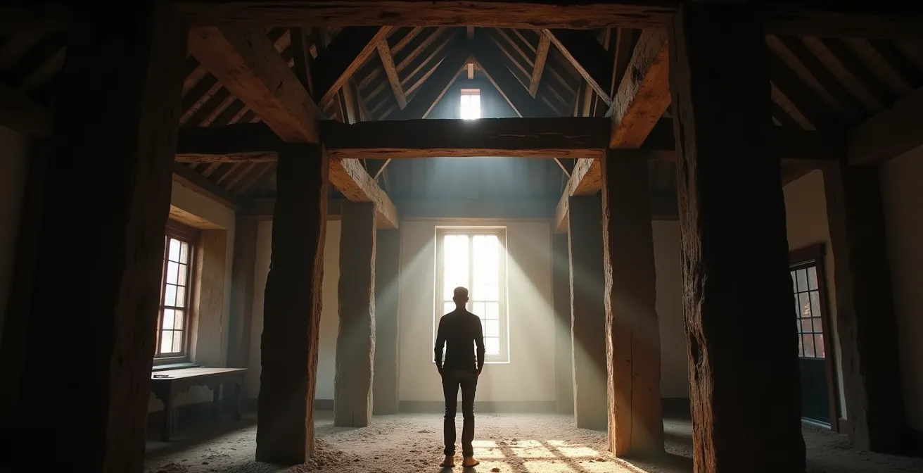 Vue en contre-plongée d'un plafond à poutres apparentes dans une demeure historique