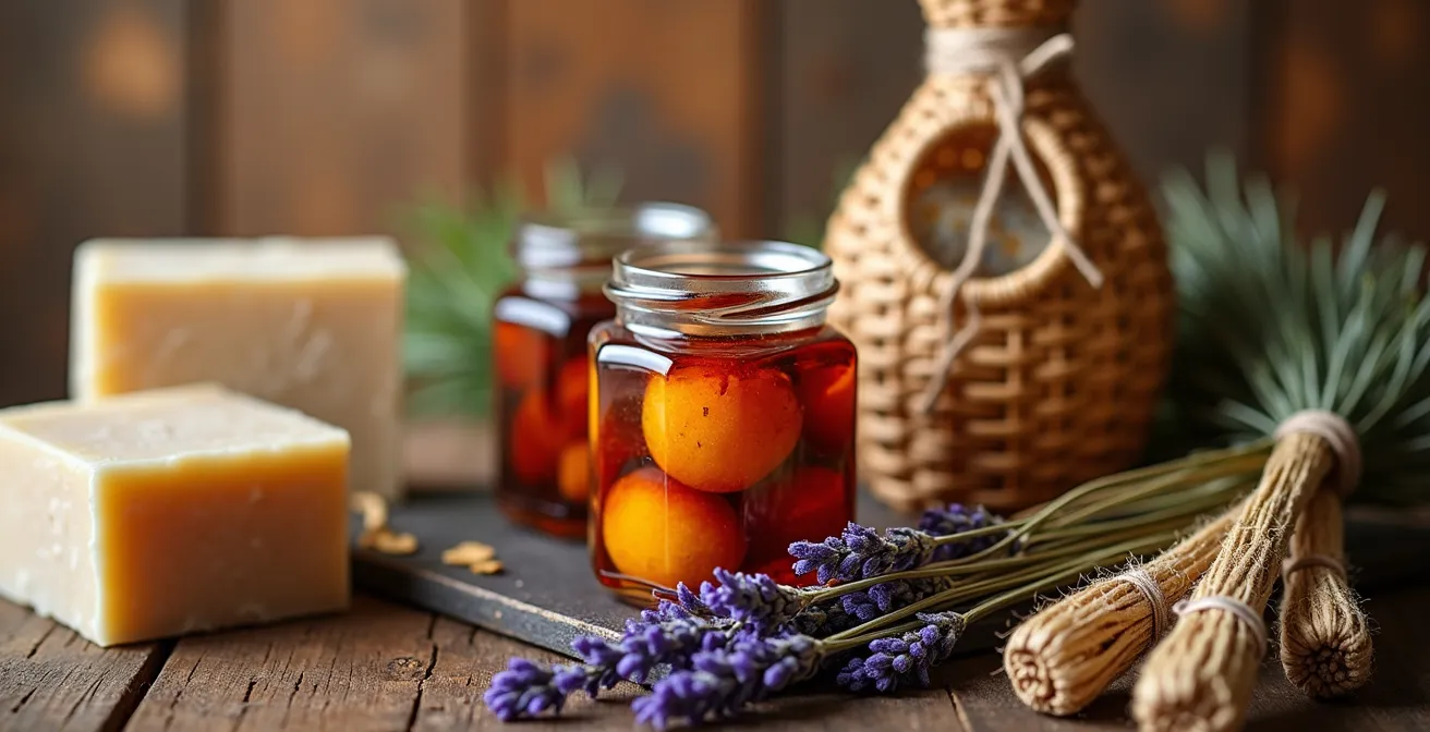 Nature morte de produits du terroir français prêts pour le voyage