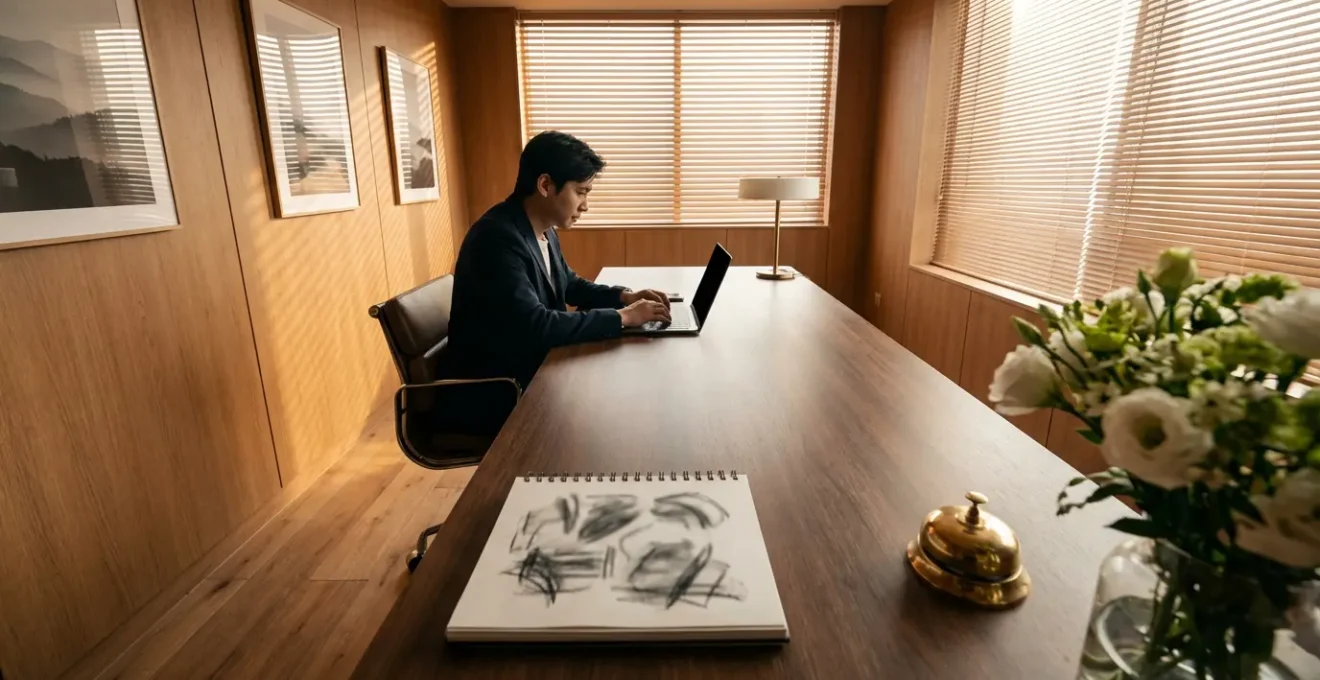 Un propriétaire d'hôtel rédige une réponse réfléchie aux avis clients sur son ordinateur, dans un bureau chaleureux