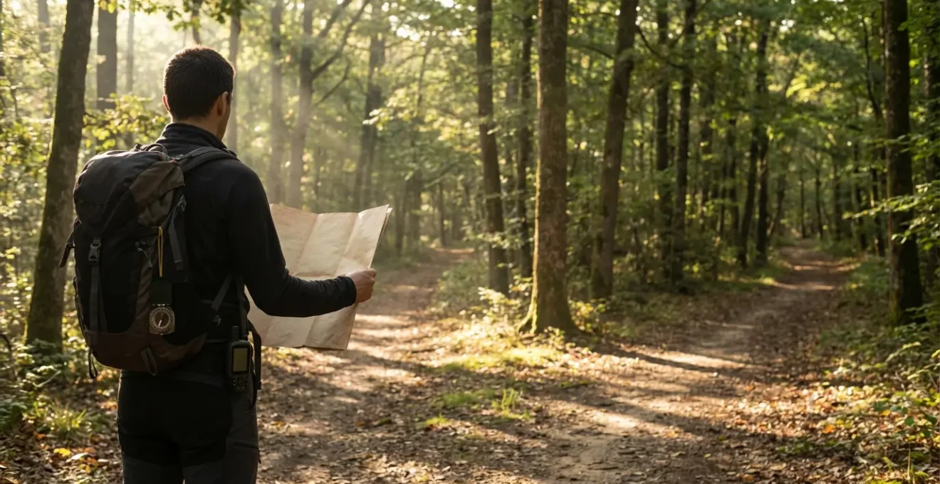 Randonneur consultant une carte IGN dans une forêt française, avec une boussole et un GPS