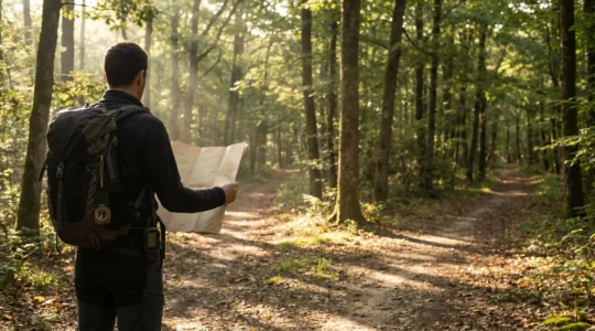 Randonneur consultant une carte IGN dans une forêt française, avec une boussole et un GPS
