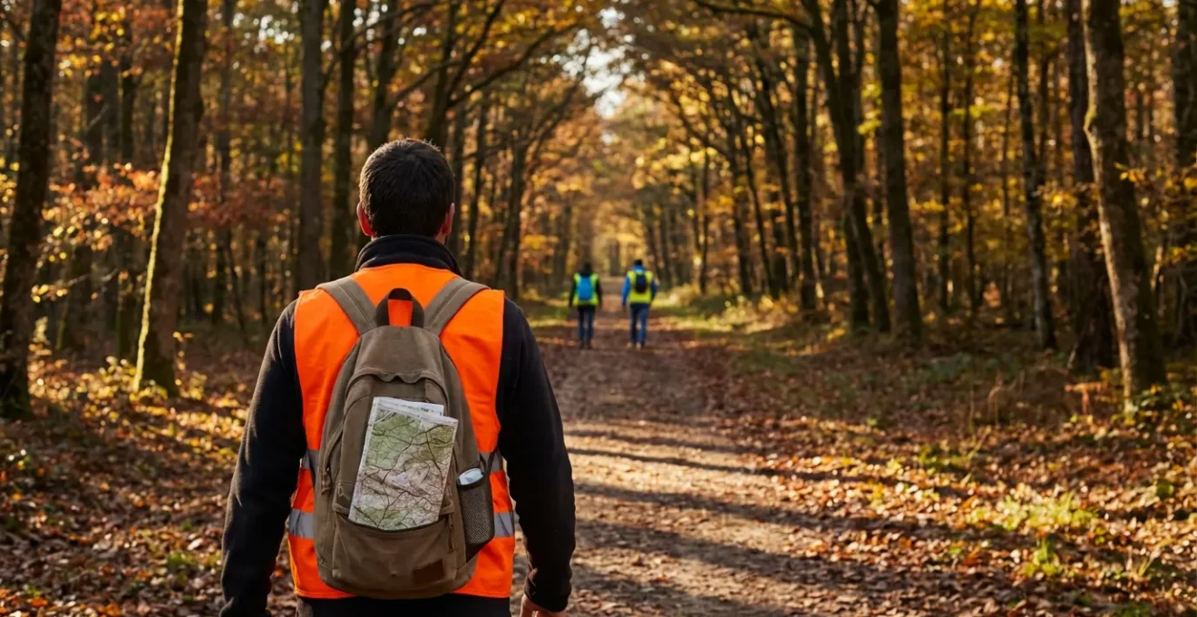 Randonneur portant un gilet fluorescent orange traversant une forêt domaniale en automne