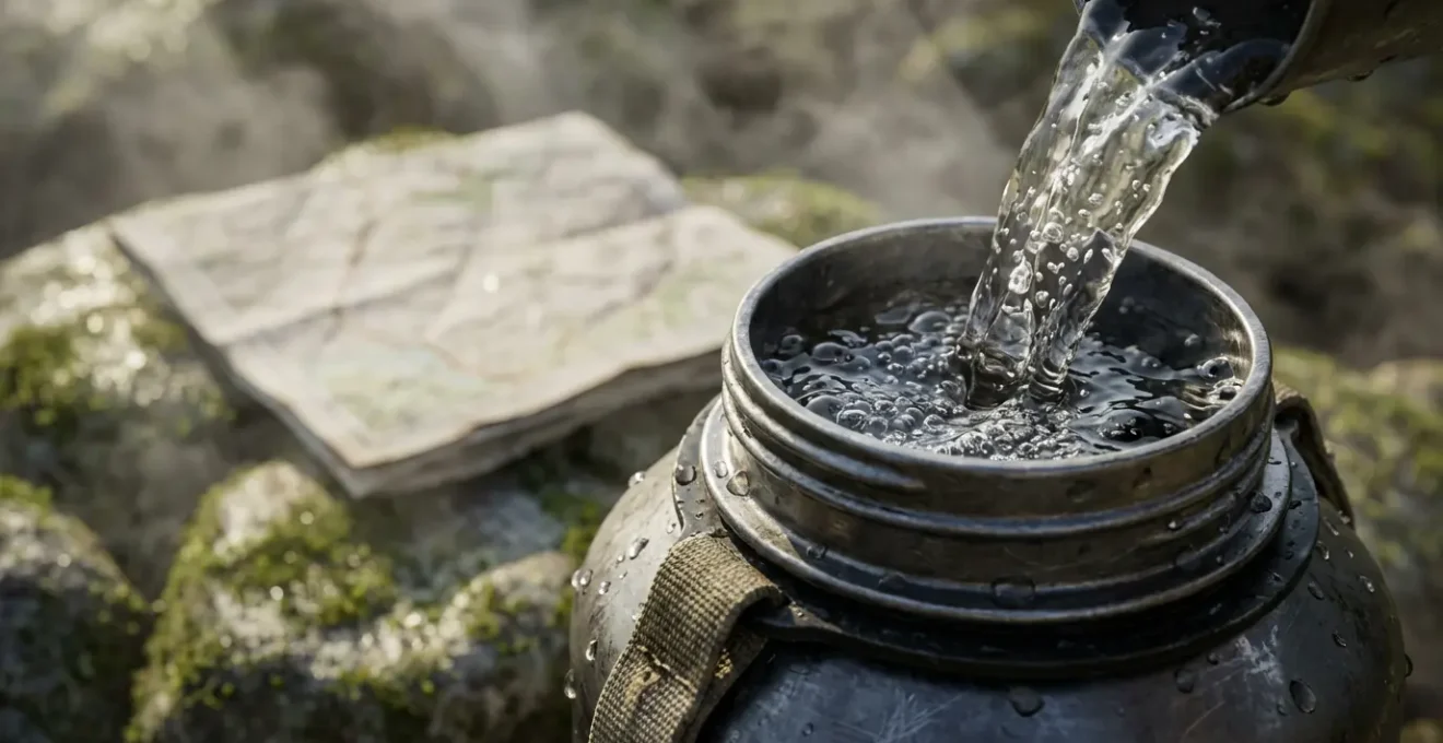Randonneur remplissant sa gourde à une source naturelle en forêt avec carte posée sur un rocher
