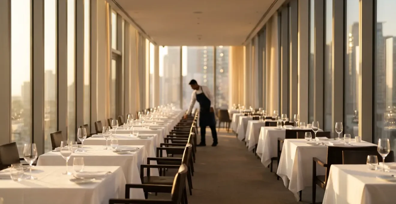 Vue large d'une salle de restaurant élégante avec tables espacées et éclairage tamisé
