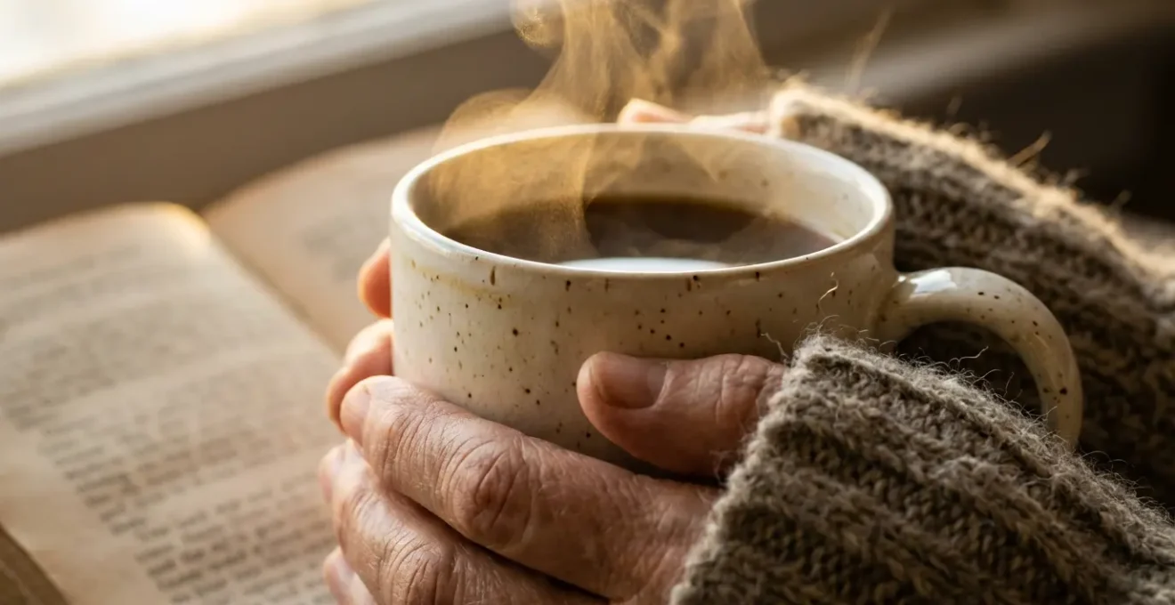 Gros plan sur des mains tenant une tasse fumante près d'un livre ouvert