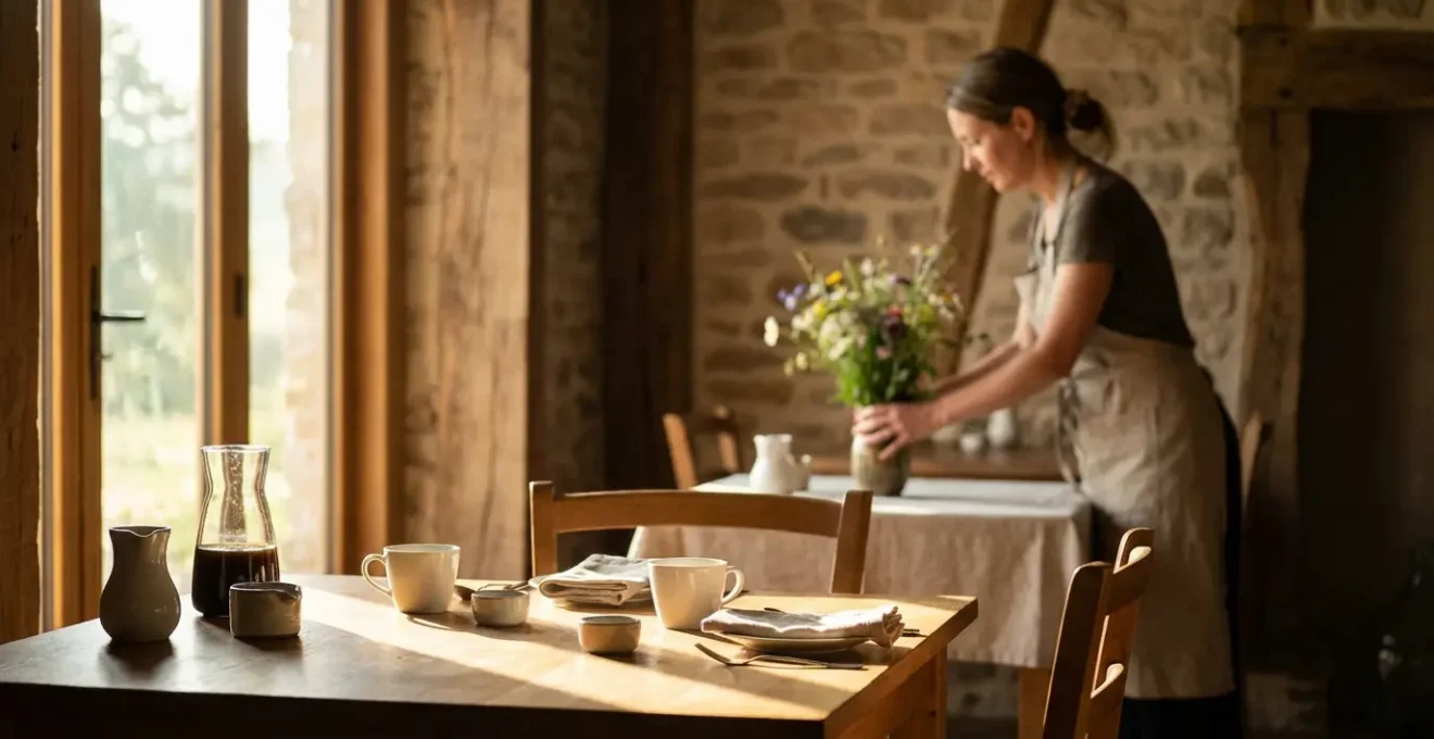 Salle de petit-déjeuner baignée de lumière matinale avec hôte préparant le service