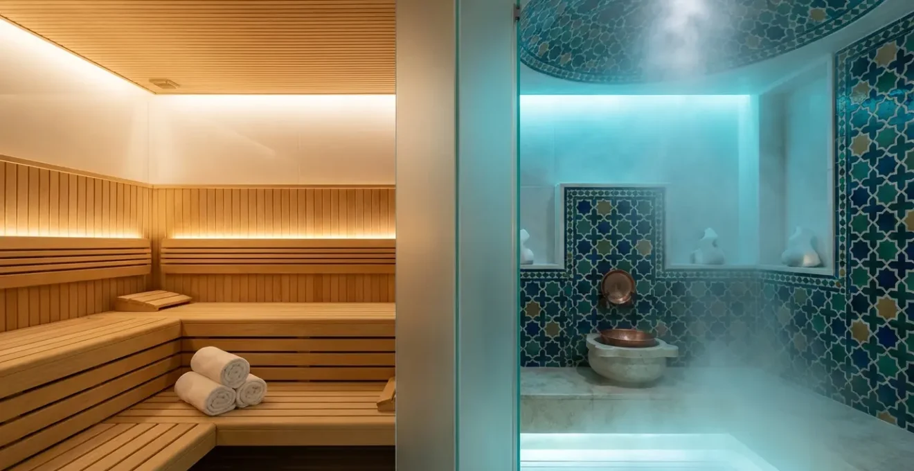 Comparaison visuelle entre sauna et hammam dans un spa d'hôtel avec ambiance relaxante