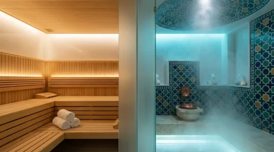 Comparaison visuelle entre sauna et hammam dans un spa d'hôtel avec ambiance relaxante