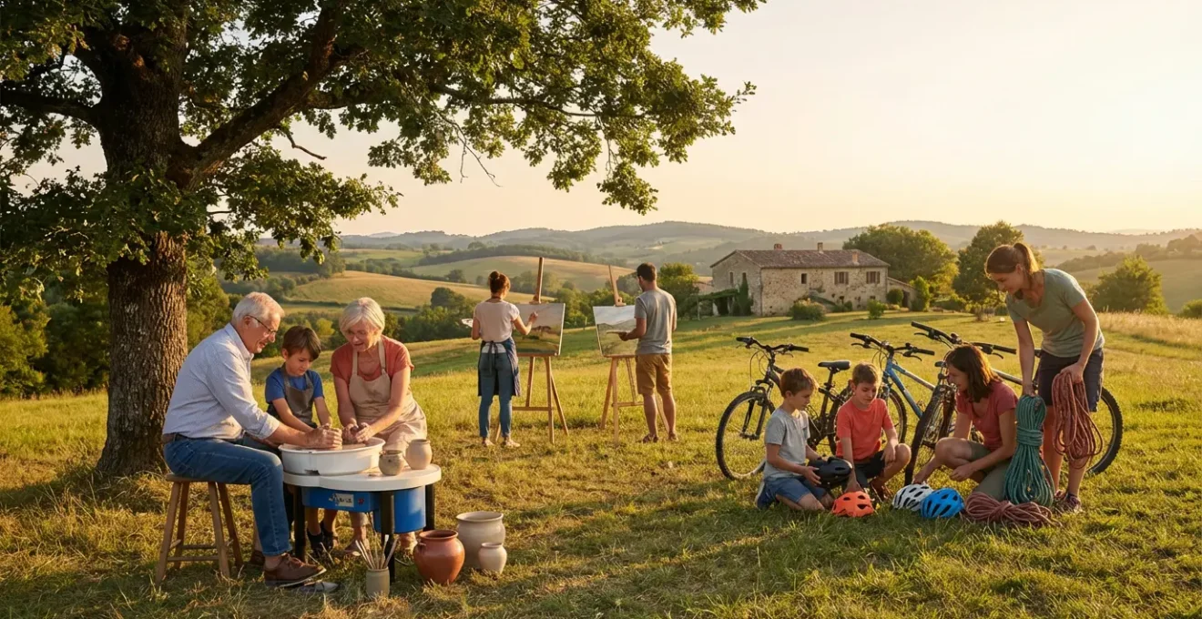 Groupe multi-générationnel pratiquant des activités sportives et créatives dans un cadre naturel français
