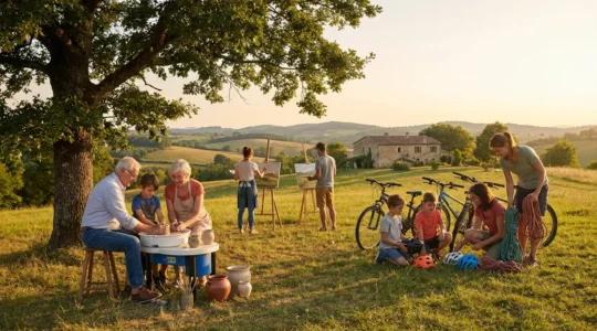 Groupe multi-générationnel pratiquant des activités sportives et créatives dans un cadre naturel français