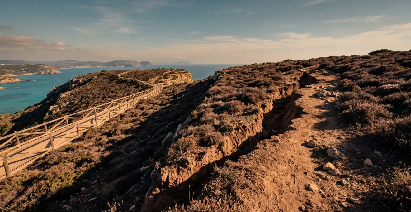 Sentier côtier officiel balisé avec raccourci sauvage créant une cicatrice d'érosion dans la végétation