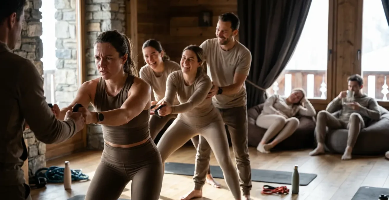 Groupe en apprentissage sportif avec zones distinctes d'activité et de repos