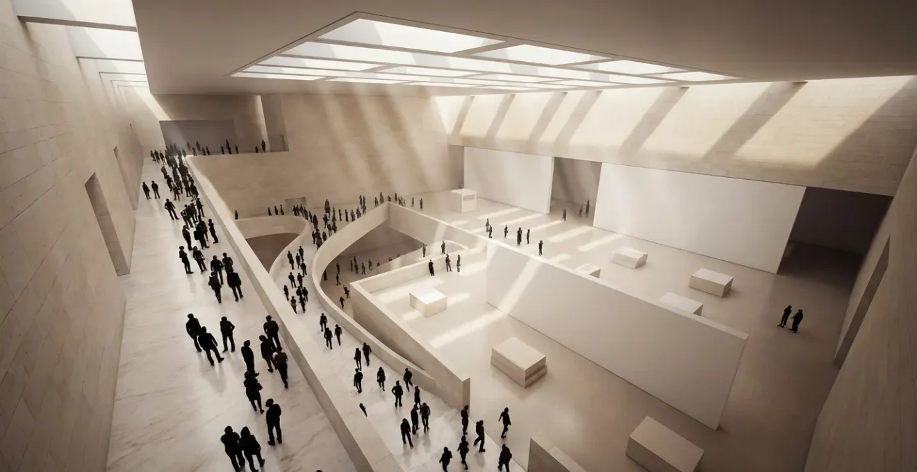 Vue aérienne minimaliste montrant les flux de visiteurs dans un grand musée