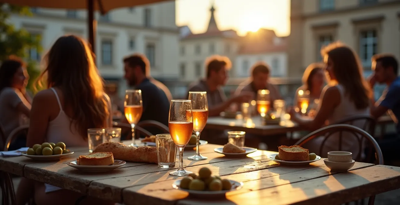 Scène de terrasse française animée à l'heure de l'apéritif avec habitants locaux